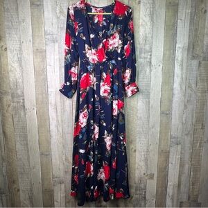 Surplice Peplum Floral Hi-Lo Maxi Sheath Dress with Long Sleeves 3 Button Cuff